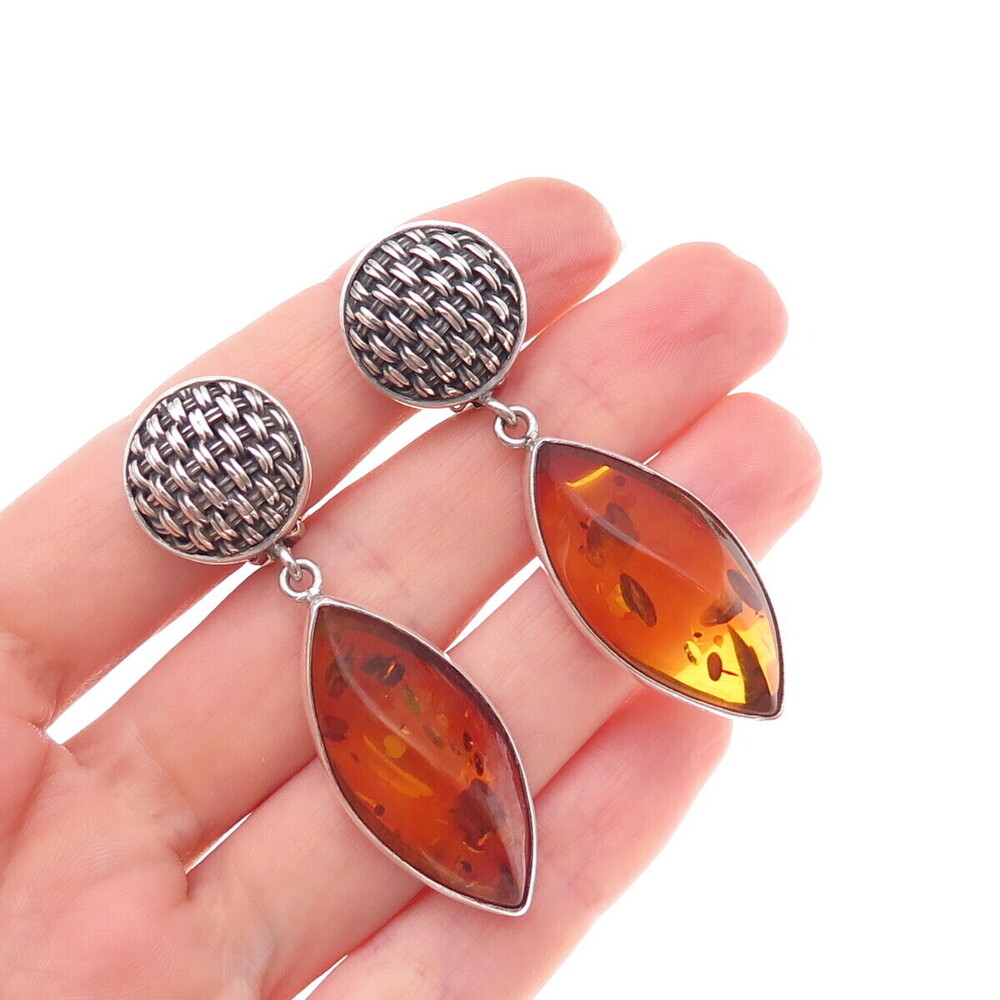 Lori Bonn 925 Sterling Silver Vintage Real Amber Modernist Clip On Earrings
